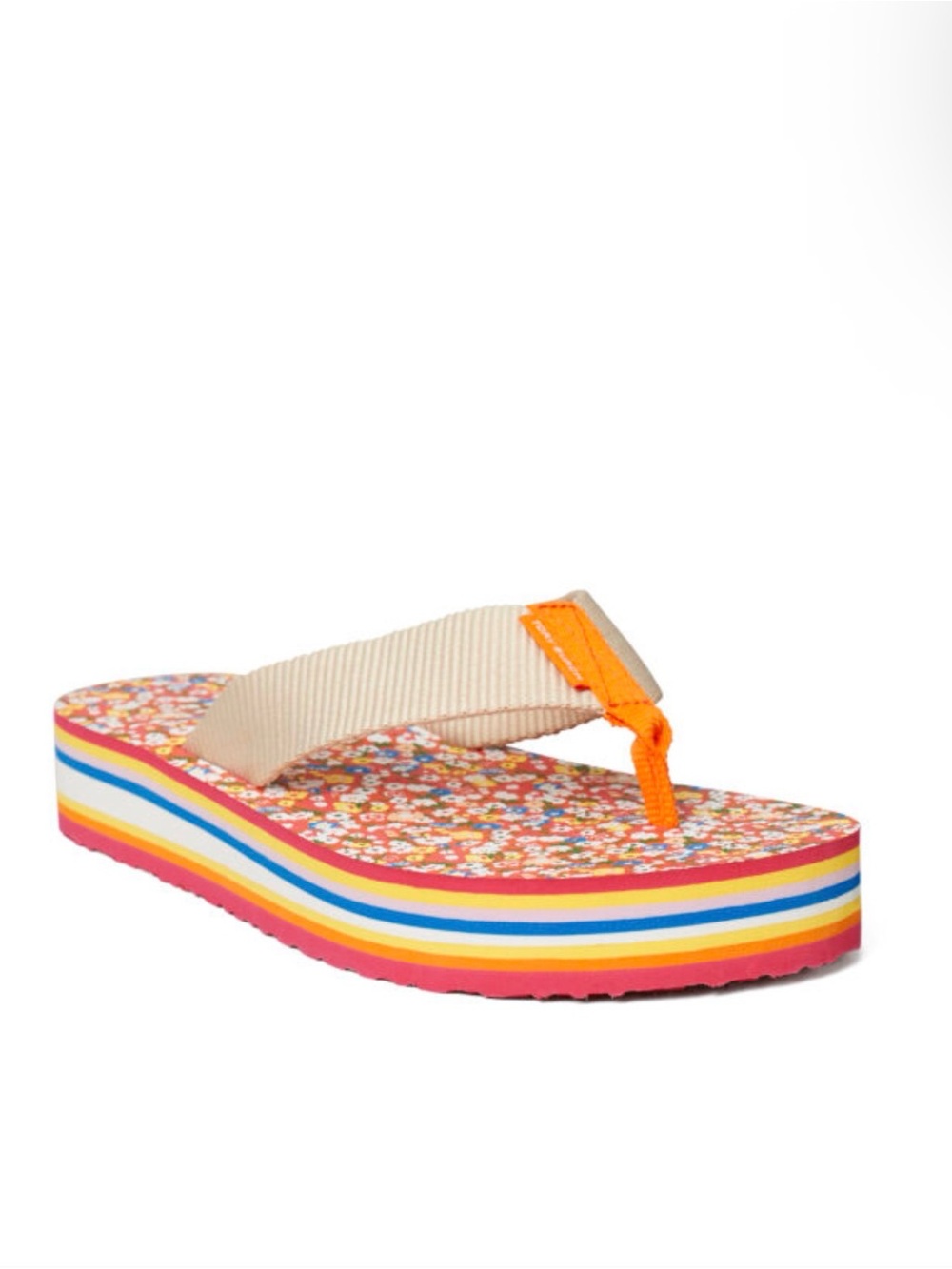 Womens Floral Stripe Platform Flip Flop - Beige & Orange